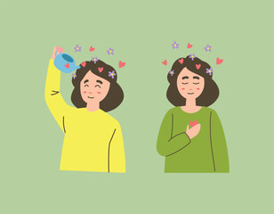 Vector illustration of a woman watering her mind with flowers and hearts, symbolizing self-care, mental wellness, growth, and positive thinking