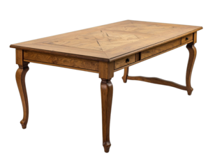 A finely crafted, long wooden desk with decorative legs and a detailed tabletop pattern