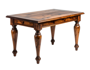 Wooden table with ornate legs and a polished tabletop; dark wood grain is visible