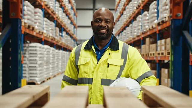Smiling man in high visibility workwear in warehouse amidst shelves of goods