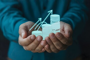 Person holding three stacks of coins with upward arrows in a blue background hands