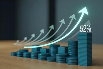 Stacks of coins with upward arrows showing a 52 percent increase on a wooden surface growth