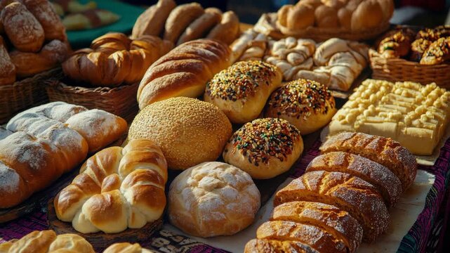An assortment of freshly baked bread and pastries in a basket.