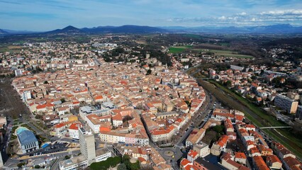 Aerial view around the old town of the city Montelimar in France on a sunny day in early spring.