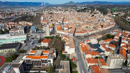 Aerial view around the old town of the city Montelimar in France on a sunny day in early spring.