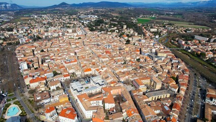 Aerial view around the old town of the city Montelimar in France on a sunny day in early spring.