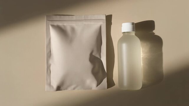 Minimalist Skincare Packaging with Pouch and Bottle on Beige Background with Sunlight Shadows. 4k Beauty Footage Video