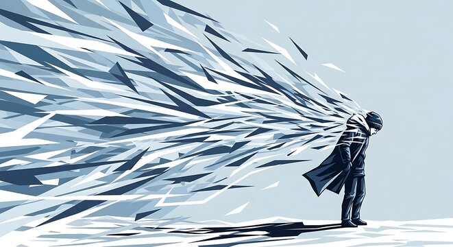 Man dissolving into shards of ice, representing emotional breakdown or loss of self, concept artwork