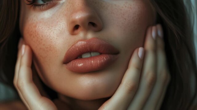 Close-up of woman's face with long eyelashes and rosy cheeks, hands gently resting on her cheeks in a loving manner. High contrast , soft focus.