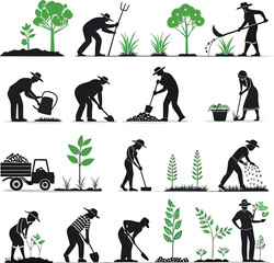 Farmers planting watering digging and harvesting in garden scenes farming gardening