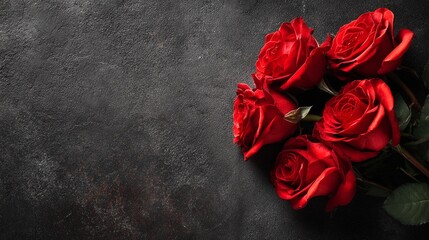 Vibrant red roses bloom against a dark, textured stone background, creating a dramatic contrast of color and depth that evokes passion and romance