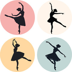 Four black silhouette ballerinas in graceful poses on pastel colored circles ballet dancer dance