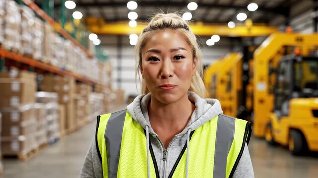 Smiling woman wearing high visibility vest in warehouse with forklifts