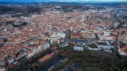 Aerial view around the old town of the city Saint-Etienne in France on a sunny morning in early spring.