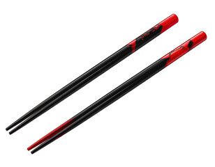 Two black chopsticks with red accents and patterns, against a dark background