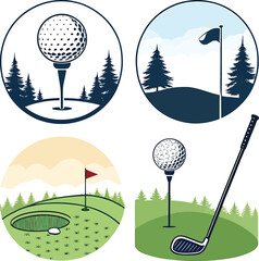 Four golf themed circular illustrations with golf balls tees flags and trees golf tee golf club