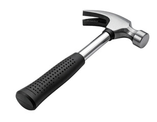 A stainless steel claw hammer isolated on a black background, with a black rubber grip