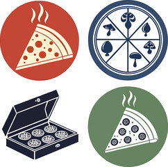 Four pizza icons including slices in circles and a pizza box with mini pizzas pepperoni mushroom