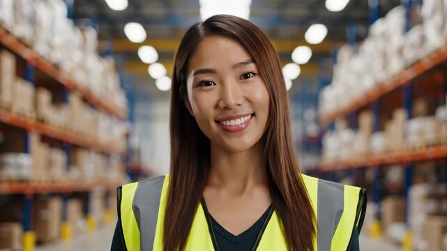 Smiling worker in warehouse wearing high visibility vest