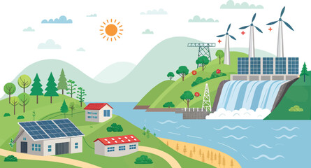 Green energy landscape with solar panels wind turbines and hydroelectric dam renewable energy solar power 1
