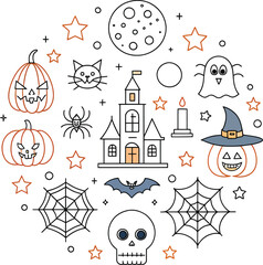 Halloween icons ghost pumpkin castle bat spider moon and skull in circle vector