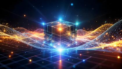 Transparent glowing cube with illuminated grid edges surrounded by vibrant orange and blue mesh waves on dark background.