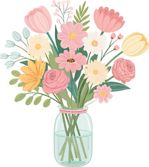 Pink and yellow floral bouquet in a glass vase with pastel accents flowers