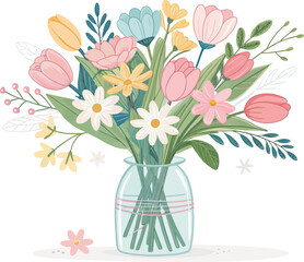 Pink and yellow tulips and daisies in a clear glass vase with green leaves bouquet flowers
