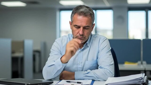 Thoughtful Middle-Aged Man with Gray Hair in Modern Office Setting Contemplating Work Tasks