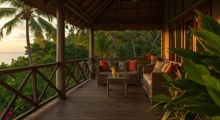 Obraz premium Tropical Balcony Sunset View Over Ocean