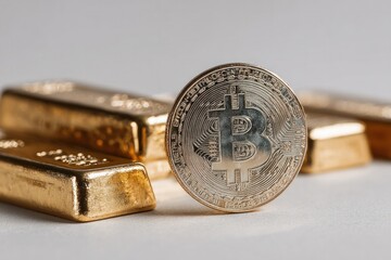 Bitcoin & Gold bars: A bitcoin rests proudly beside a collection of shimmering gold bars, symbolizing the fusion of digital currency and traditional wealth in a captivating display.