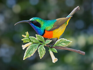 Fototapeta premium Colorful Birds on Tree Branch with Tropical Flowers Illustration