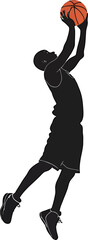 Silhouette of a basketball player jumping to dunk an orange basketball vector