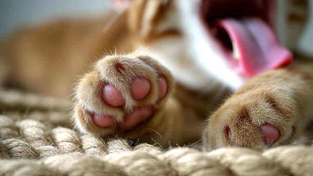 あくびと伸びを肉球寄りで描いた茶トラ猫のイラスト、人物なし