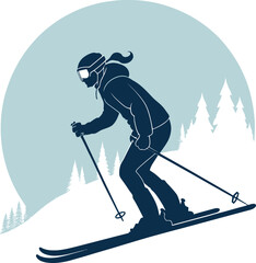 Silhouette of a female skier descending a snowy slope with pine trees in the background skiing woman 1