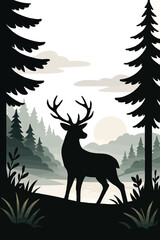 Silhouette of a stag standing in a misty forest landscape with pine trees and a pale sun deer