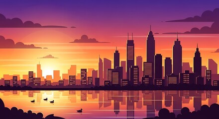 Vibrant Sunset Over Modern City Skyline Reflected in Calm Water.