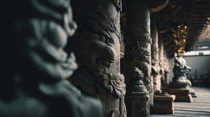 Obraz premium Detailed carvings adorn structural columns in an oriental temple architecture