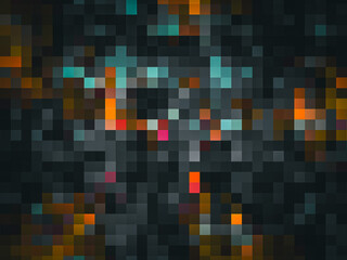 A black and orange background with a lot of different colored squares