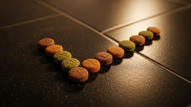Colorful pet food kibbles arranged in a V-shape on a dark tiled floor, illuminated by a soft light.