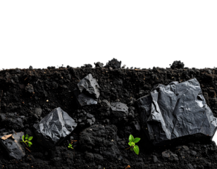 Close-up of black earth with several dark rocks and small green plants against a black backdrop