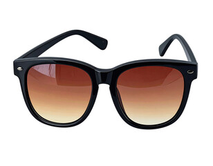 Fashionable, classic, black-framed sunglasses with brown gradient lenses, isolated on black