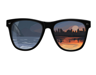 Illustration of sunglasses reflecting a landscape of water, mountains, city skyline, and sunset