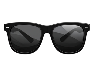 Black-rimmed sunglasses with tinted lenses, reflecting light, against a stark black background