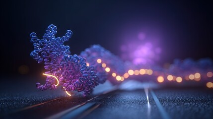 3D - rendered RNA polymerase binding to promoter region, transcription factor action pathways labeled beside, background is laboratory purple light source	