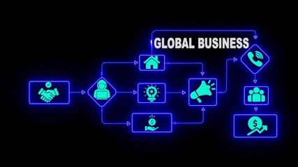Global business network flowchart with handshake idea generation communication growth and team collaboration icons glowing neon blue on dark background digital concept - Powered by Adobe