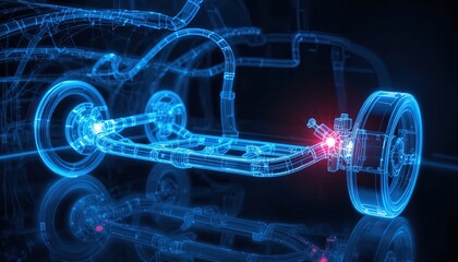 Car Suspension System Wireframe Visualization with Glowing Red Highlight