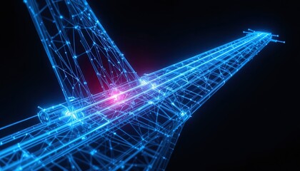 Neon Airplane Wing Wireframe with a Glowing Hub - Technology and Engineering Illustration