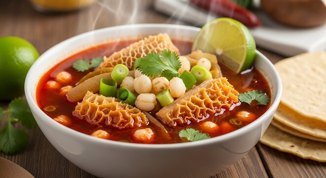 Delicious Mexican Pozole Soup with Tortillas.