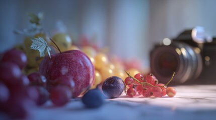 Capturing freshness, A still life composition with fruits and camera object